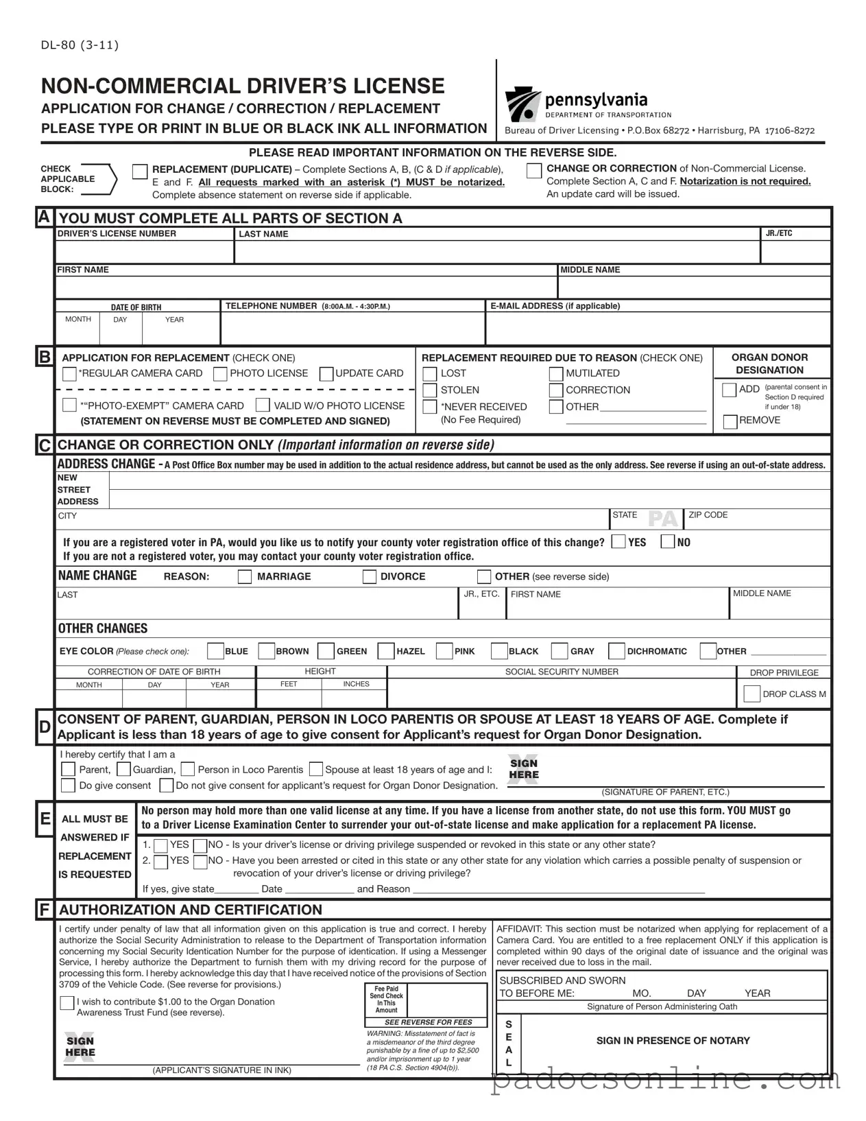 Blank Dl 80 Pennsylvania Template