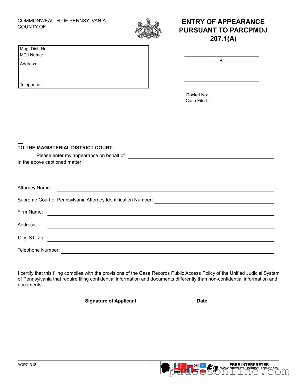 Blank Magisterial Appearance Pennsylvania Template