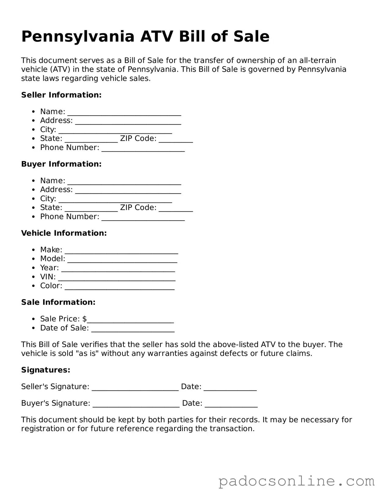 Legal ATV Bill of Sale Document for the State of Pennsylvania