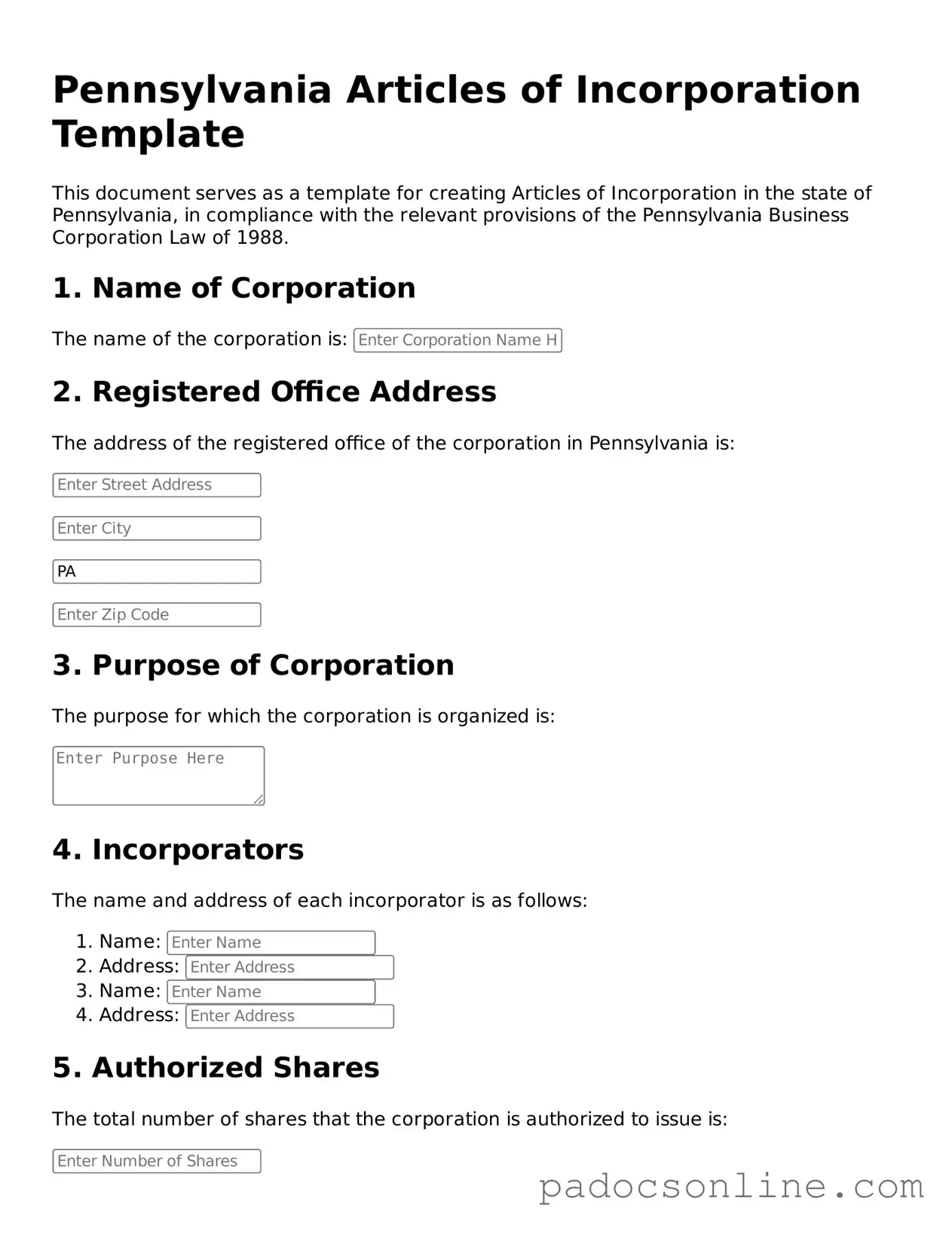 Legal Articles of Incorporation Document for the State of Pennsylvania