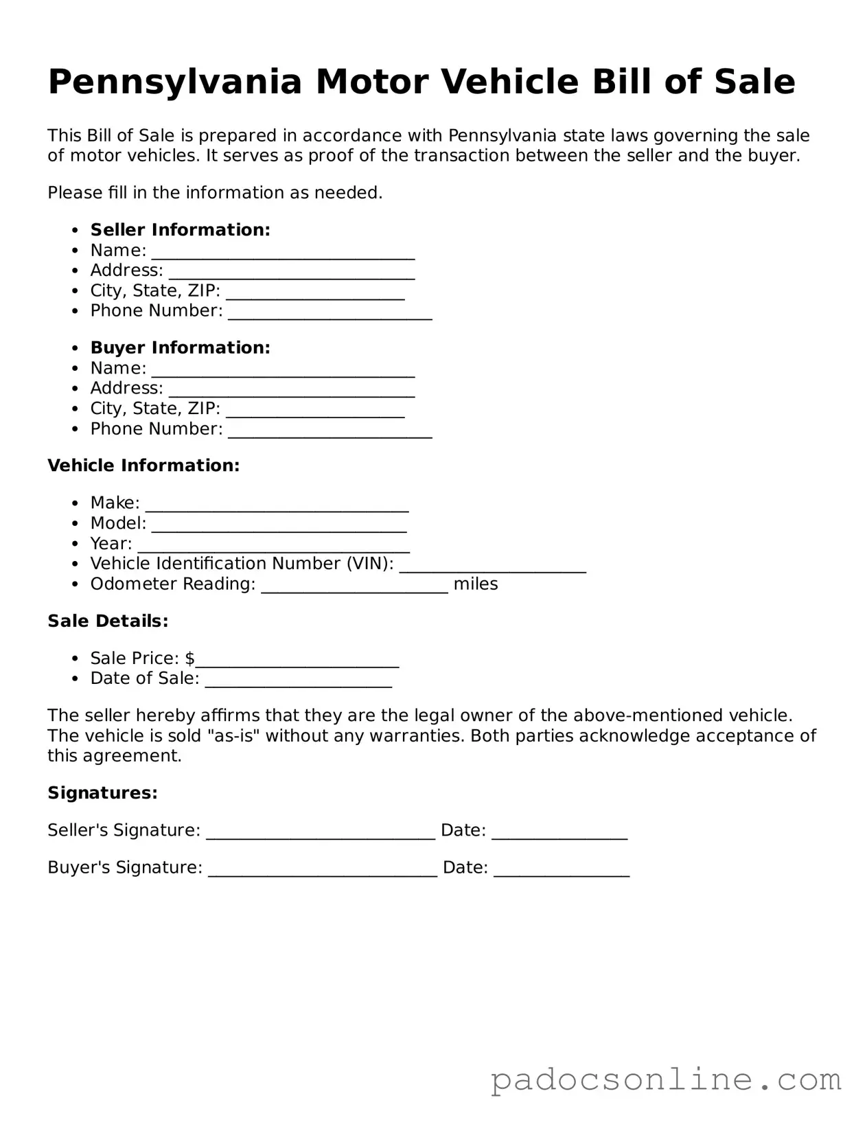 Legal Motor Vehicle Bill of Sale Document for the State of Pennsylvania