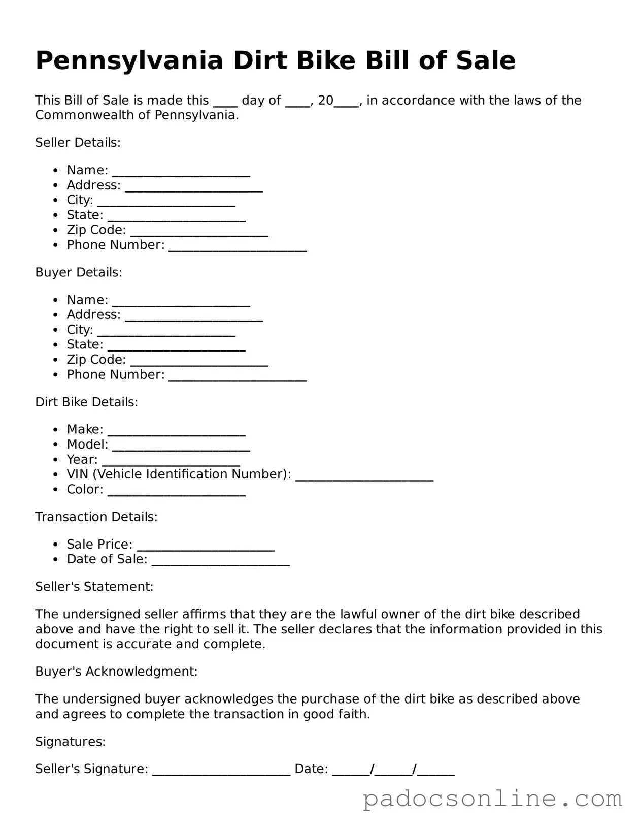 Legal Dirt Bike Bill of Sale Document for the State of Pennsylvania