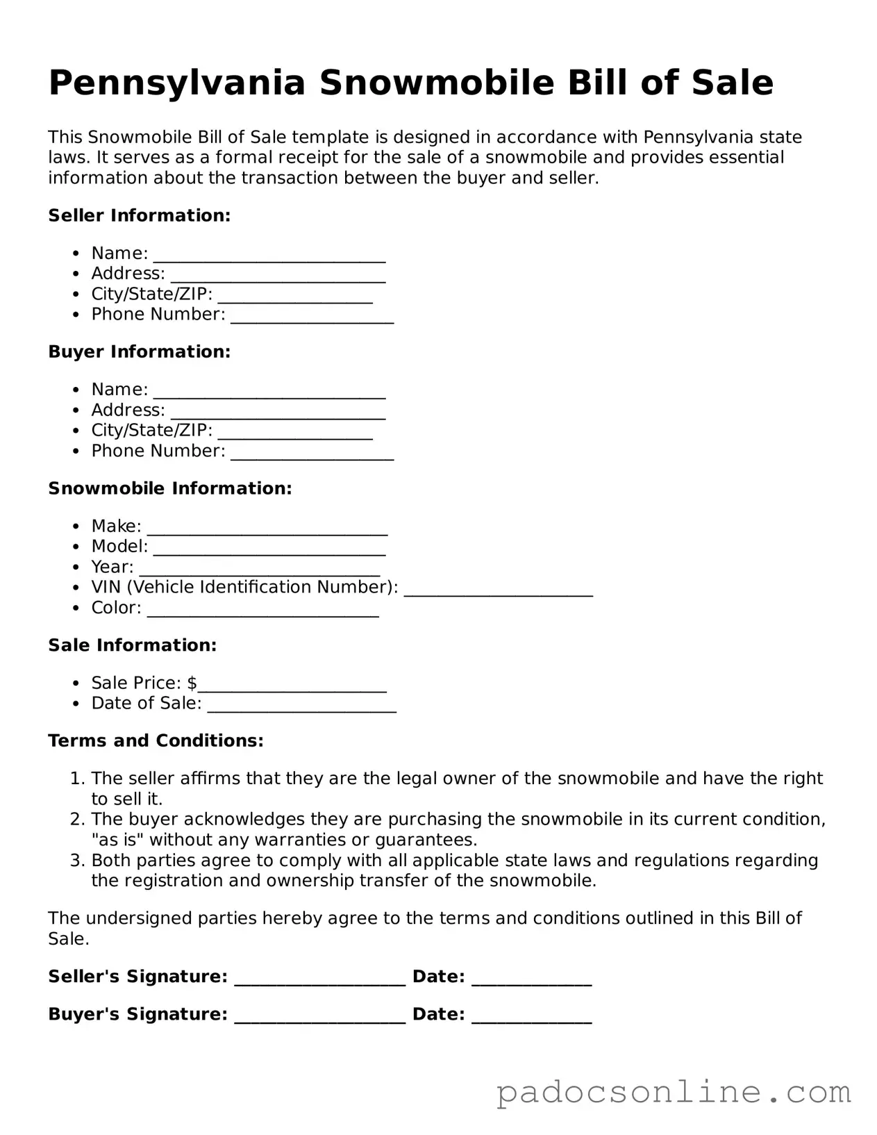 Legal Snowmobile Bill of Sale Document for the State of Pennsylvania