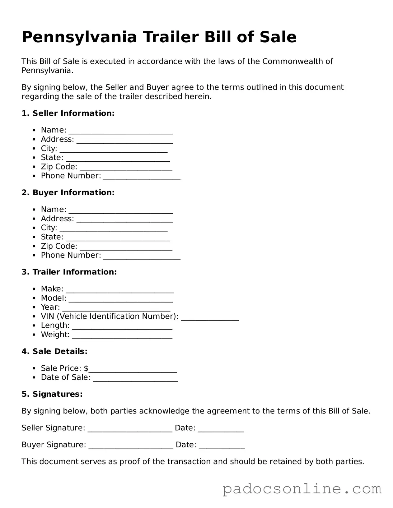 Legal Trailer Bill of Sale Document for the State of Pennsylvania