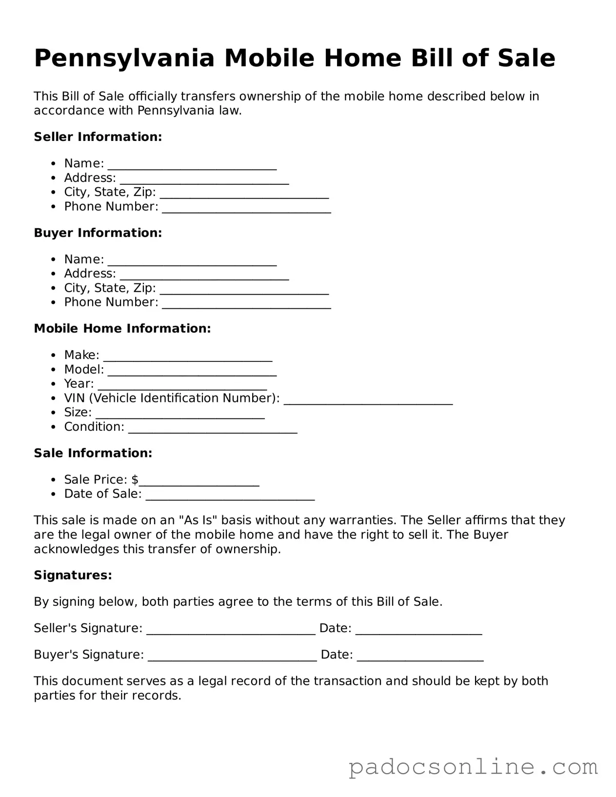 Legal Mobile Home Bill of Sale Document for the State of Pennsylvania