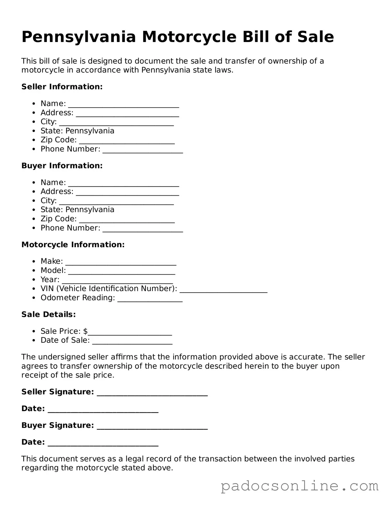 Legal Motorcycle Bill of Sale Document for the State of Pennsylvania