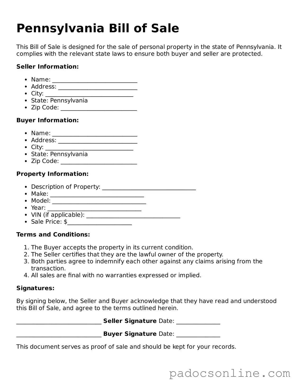 Legal Bill of Sale Document for the State of Pennsylvania