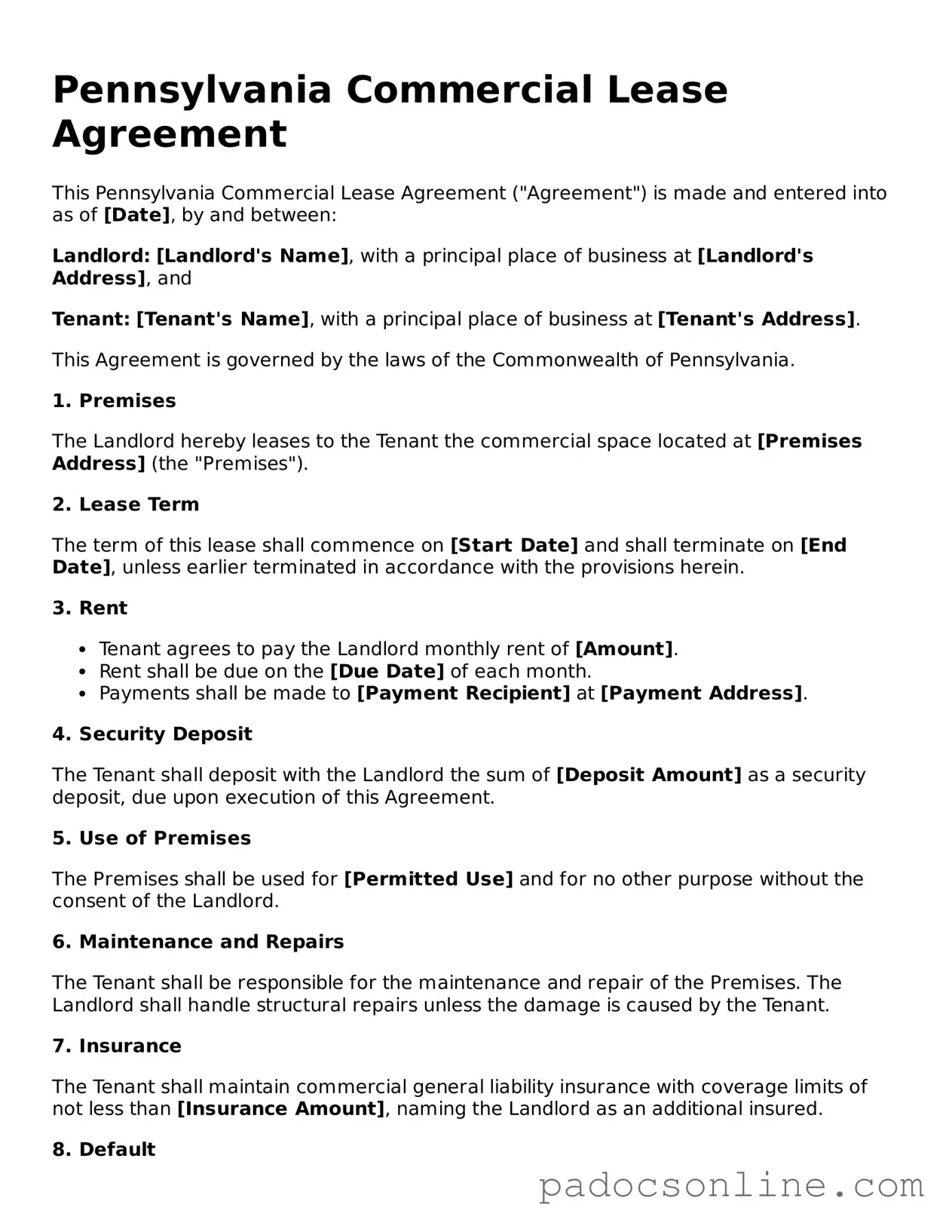 Legal Commercial Lease Agreement Document for the State of Pennsylvania