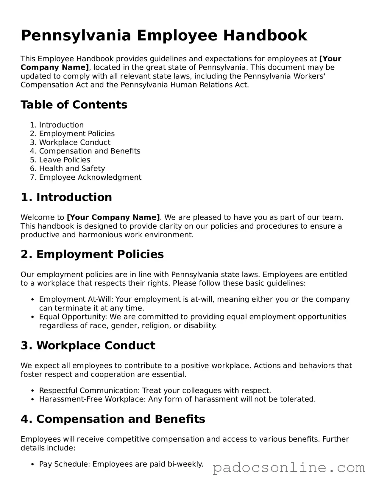 Legal Employee Handbook Document for the State of Pennsylvania