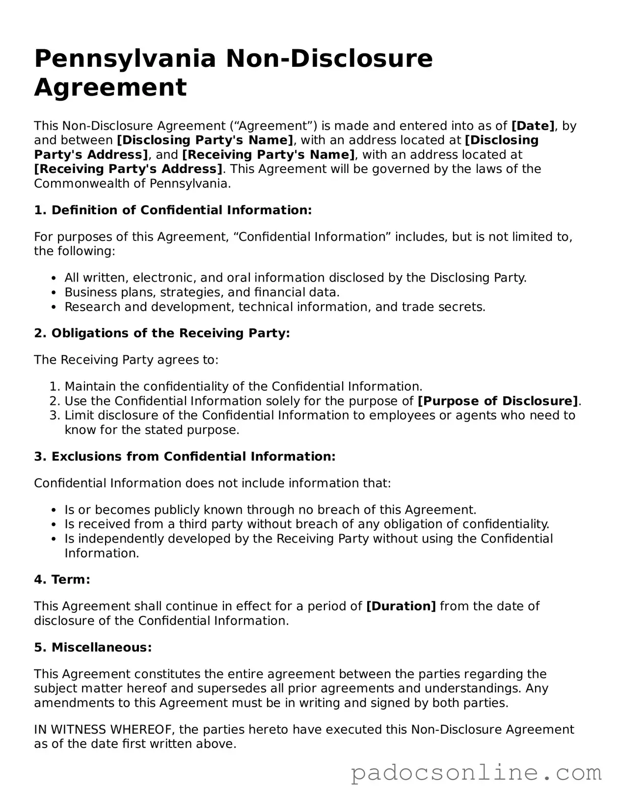 Legal Non-disclosure Agreement Document for the State of Pennsylvania