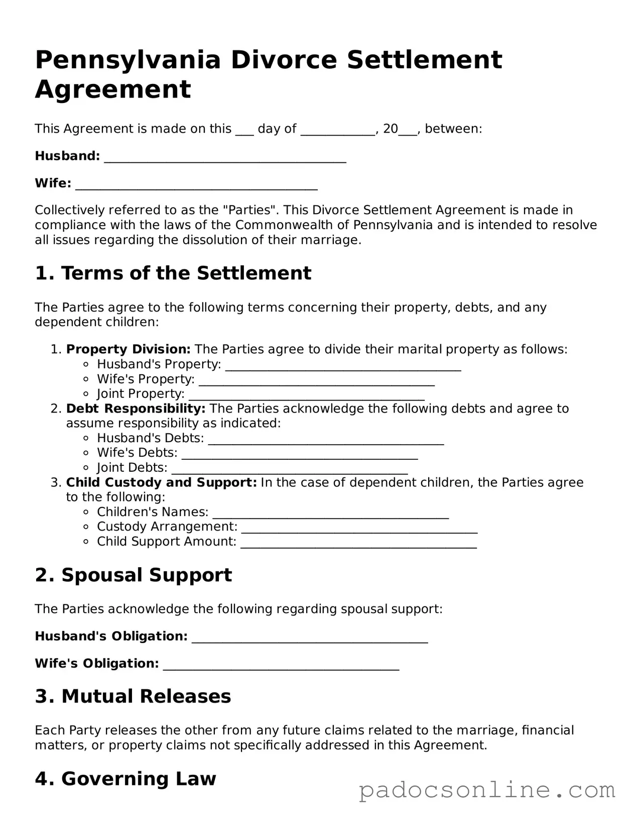 Legal Divorce Settlement Agreement Document for the State of Pennsylvania