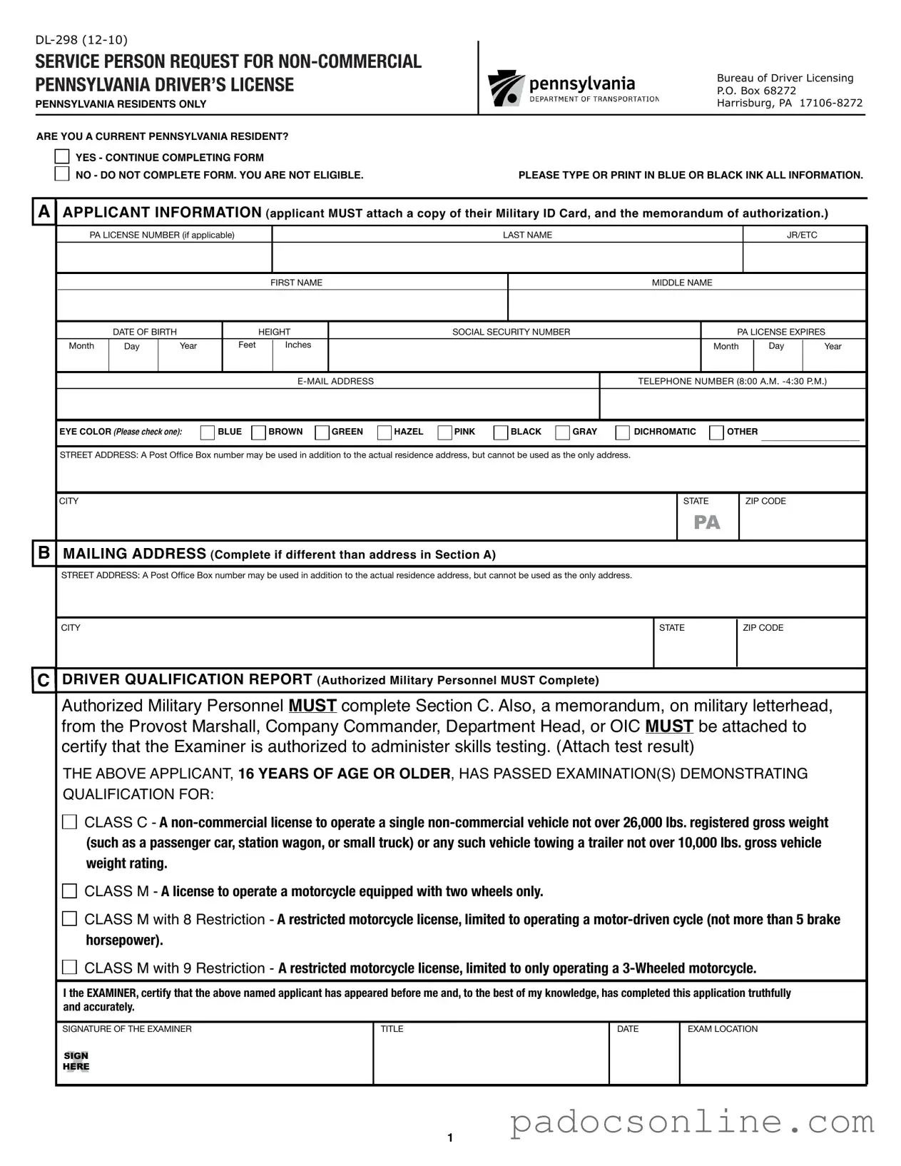 Blank Pennsylvania Dl 298 Template