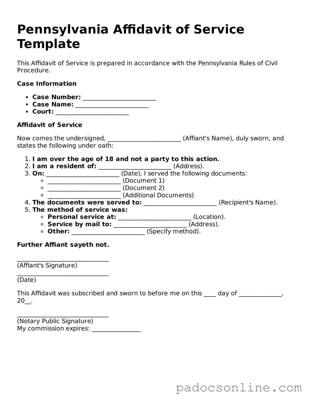 Legal Affidavit of Service Document for the State of Pennsylvania