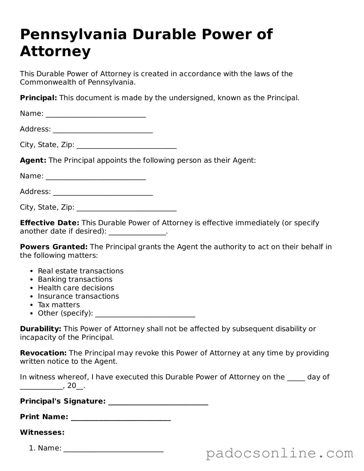 Legal Durable Power of Attorney Document for the State of Pennsylvania