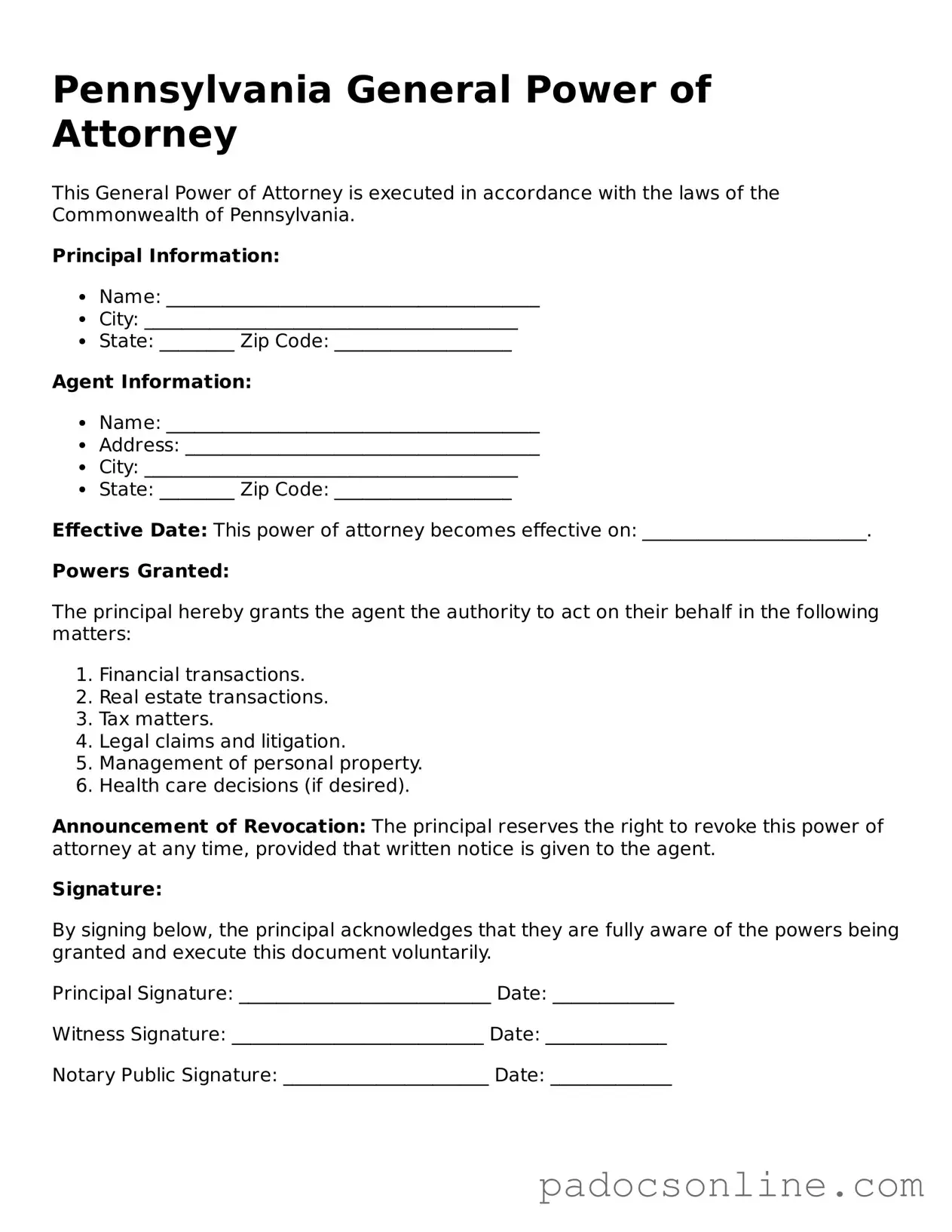Legal General Power of Attorney Document for the State of Pennsylvania
