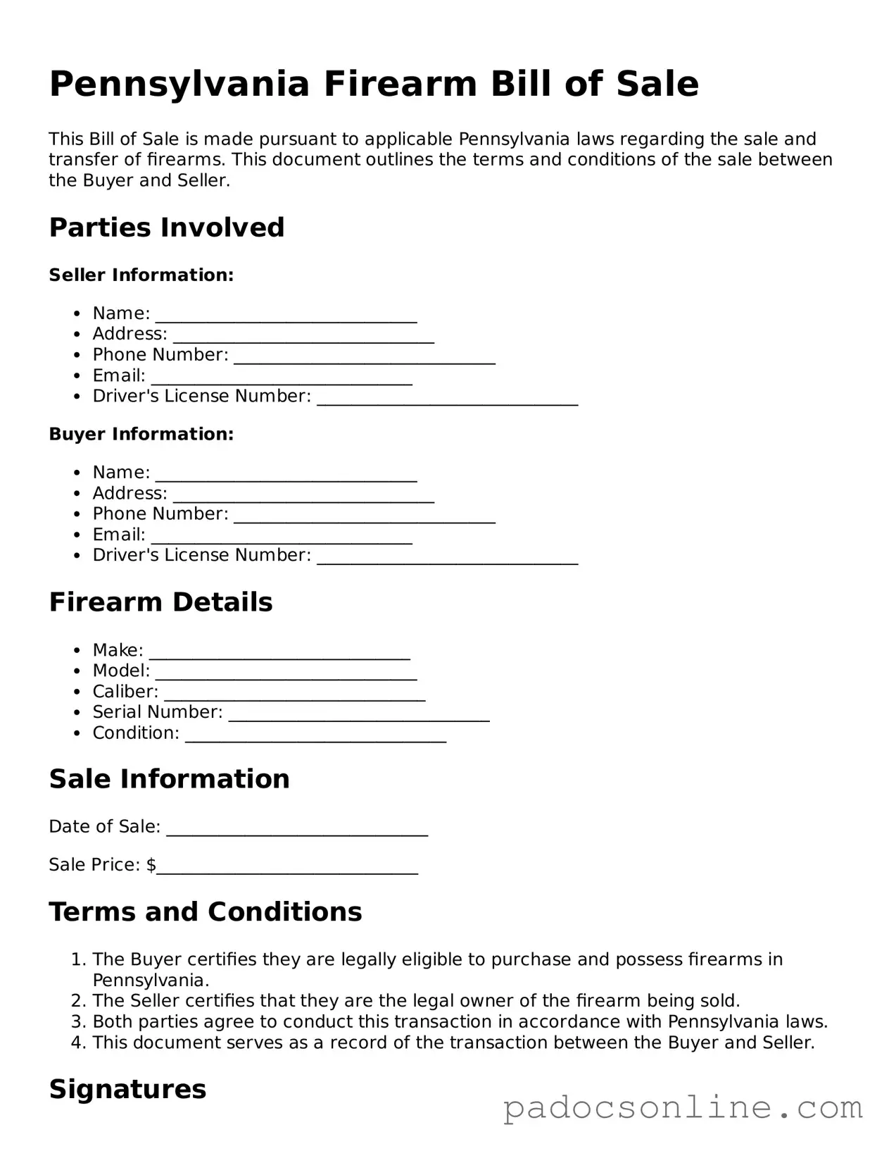 Legal Firearm Bill of Sale Document for the State of Pennsylvania