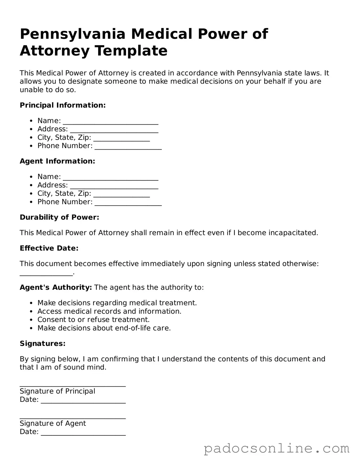 Legal Medical Power of Attorney Document for the State of Pennsylvania