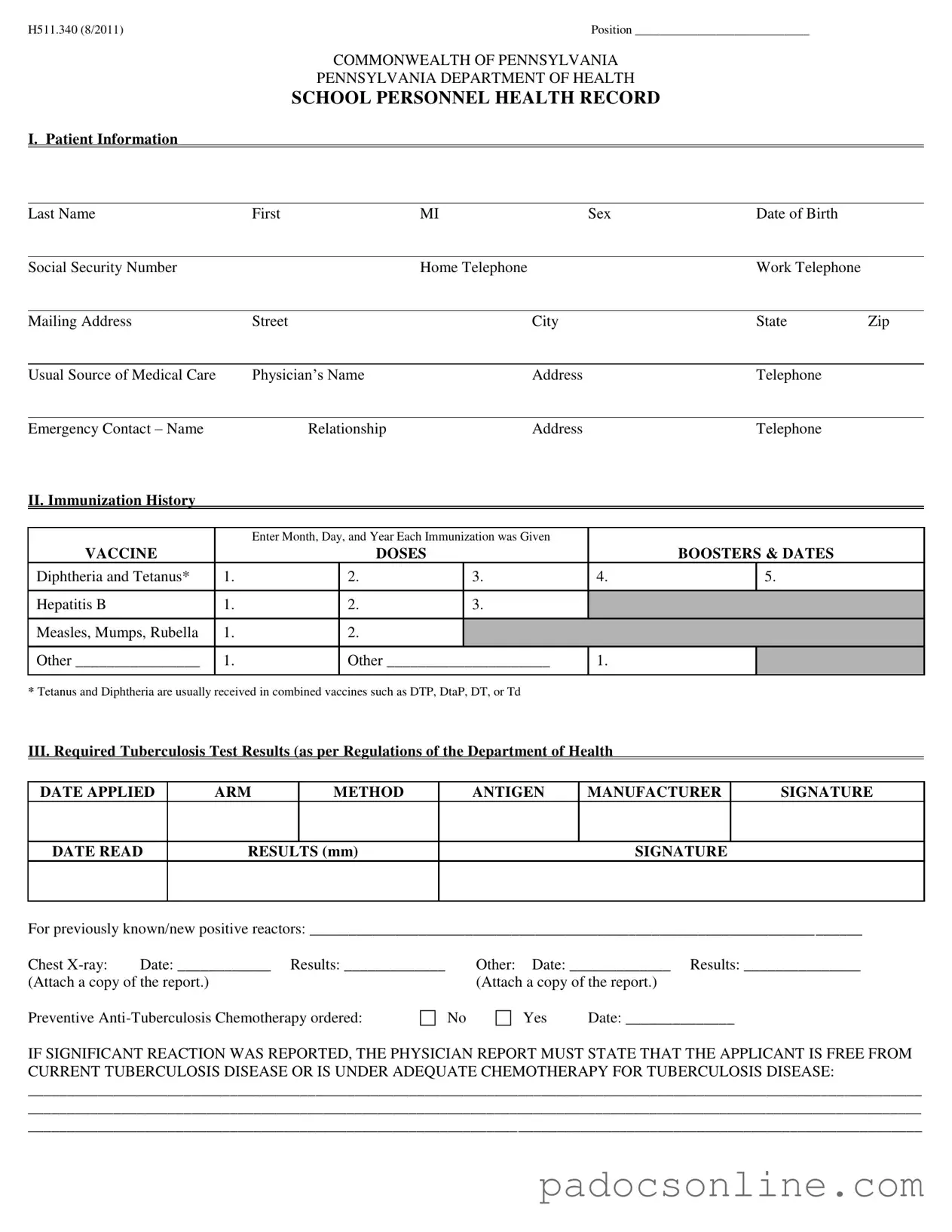 Blank Pennsylvania Health Template