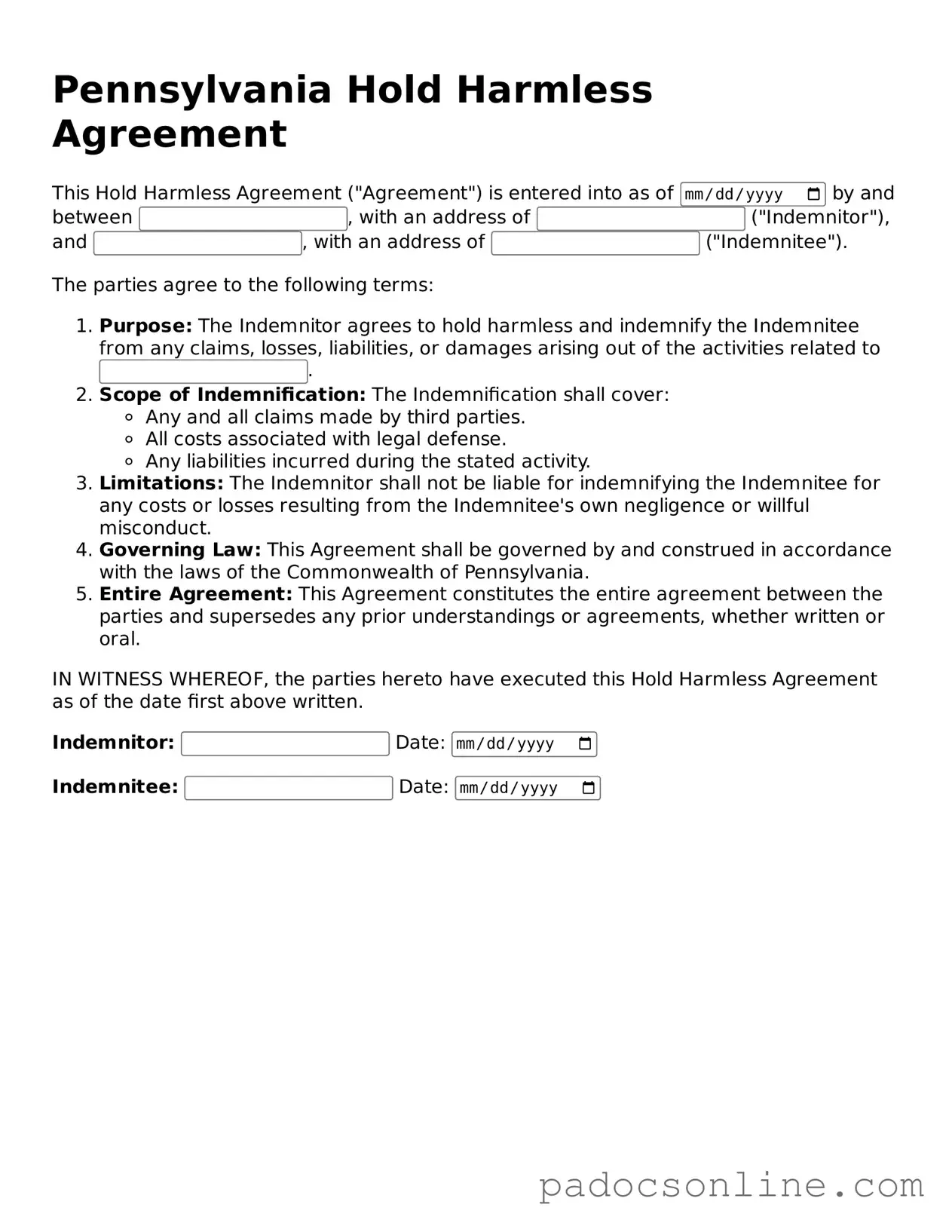 Legal Hold Harmless Agreement Document for the State of Pennsylvania