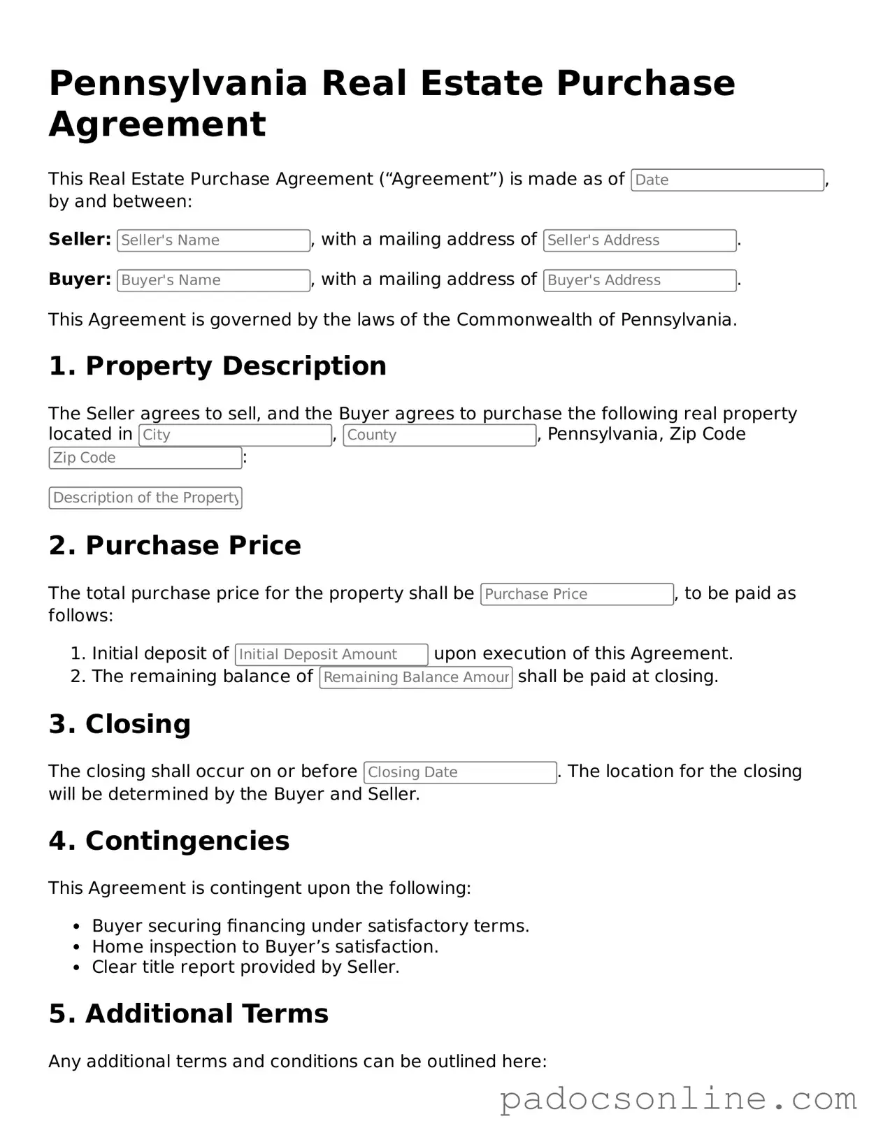 Legal Real Estate Purchase Agreement Document for the State of Pennsylvania