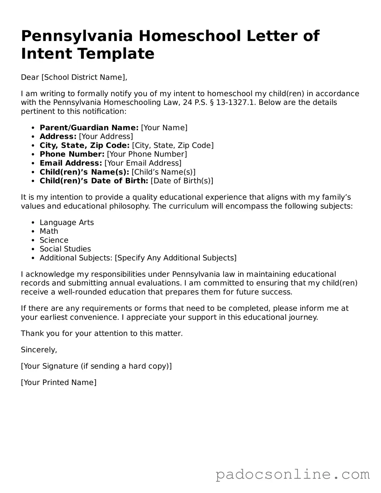 Legal Homeschool Letter of Intent Document for the State of Pennsylvania