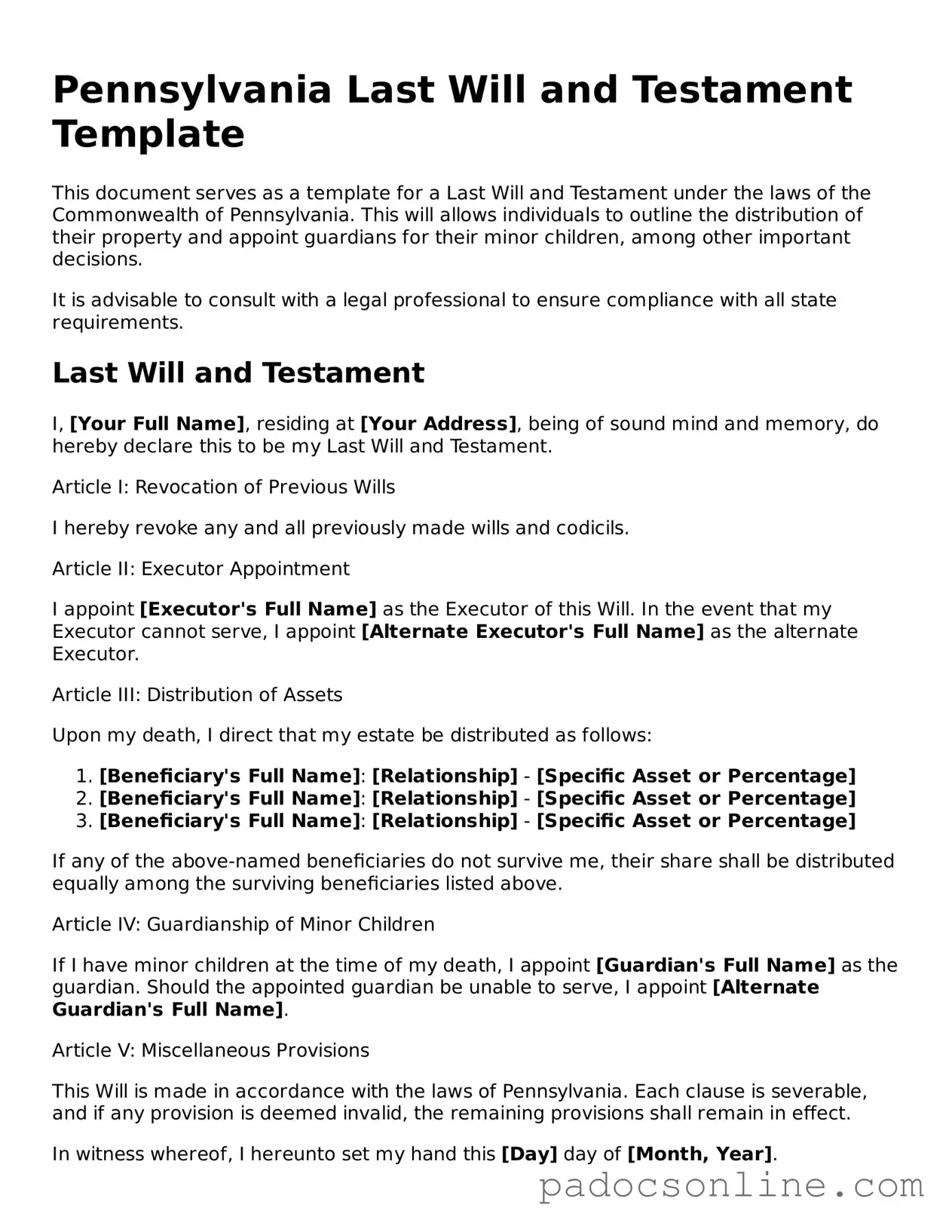 Legal Last Will and Testament Document for the State of Pennsylvania