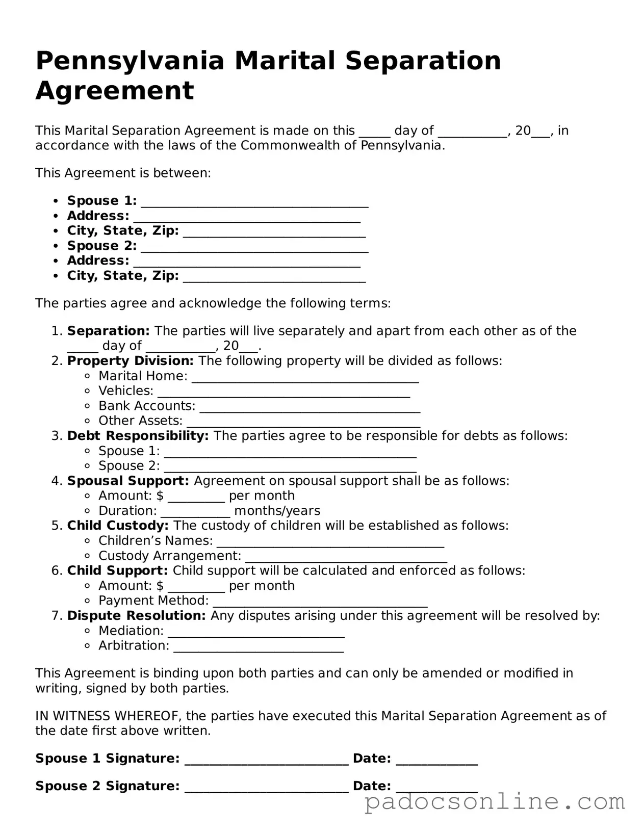 Legal Marital Separation Agreement Document for the State of Pennsylvania