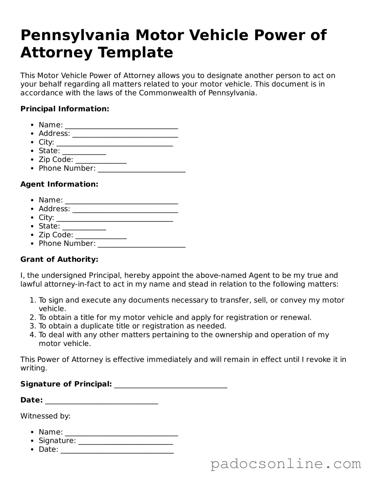 Legal Motor Vehicle Power of Attorney Document for the State of Pennsylvania