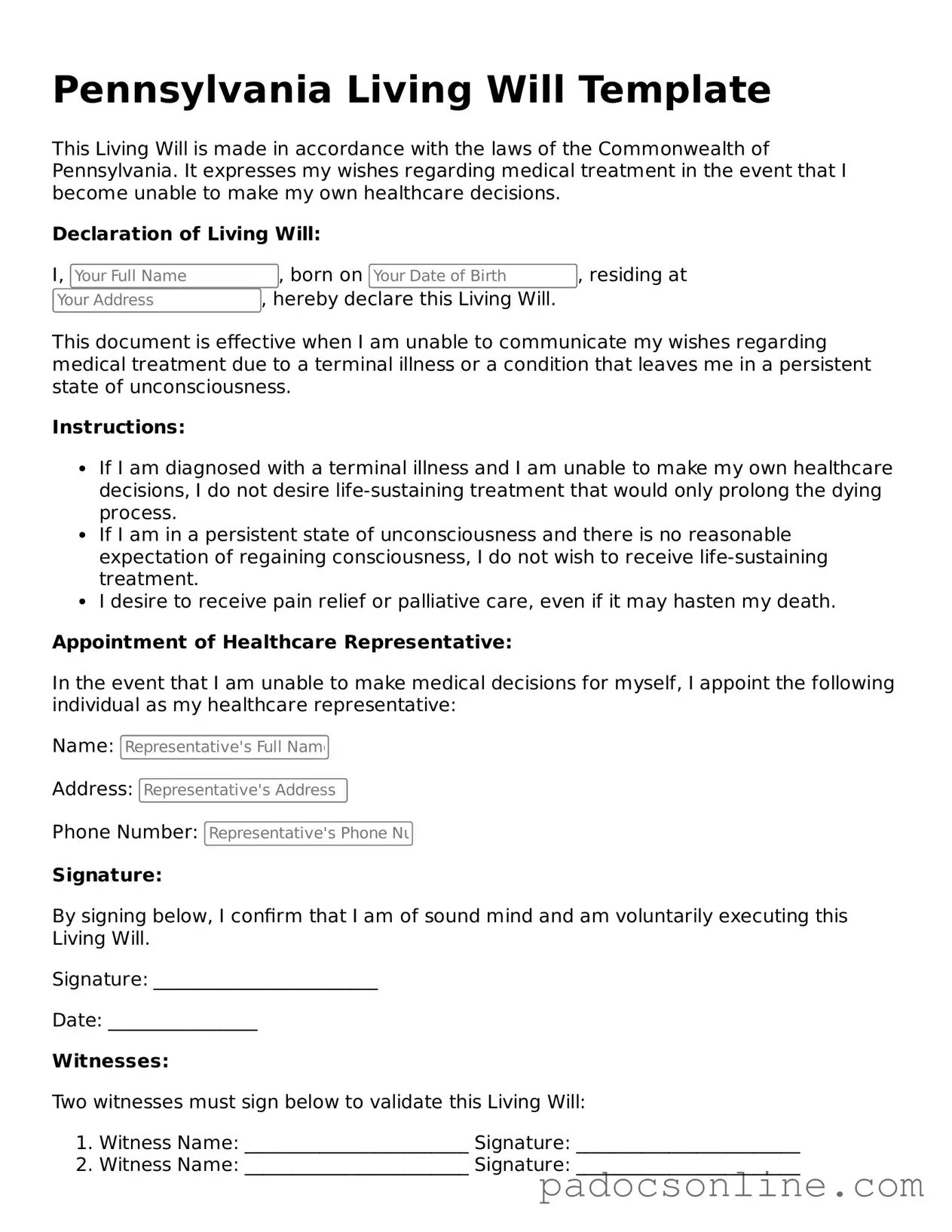 Legal Living Will Document for the State of Pennsylvania