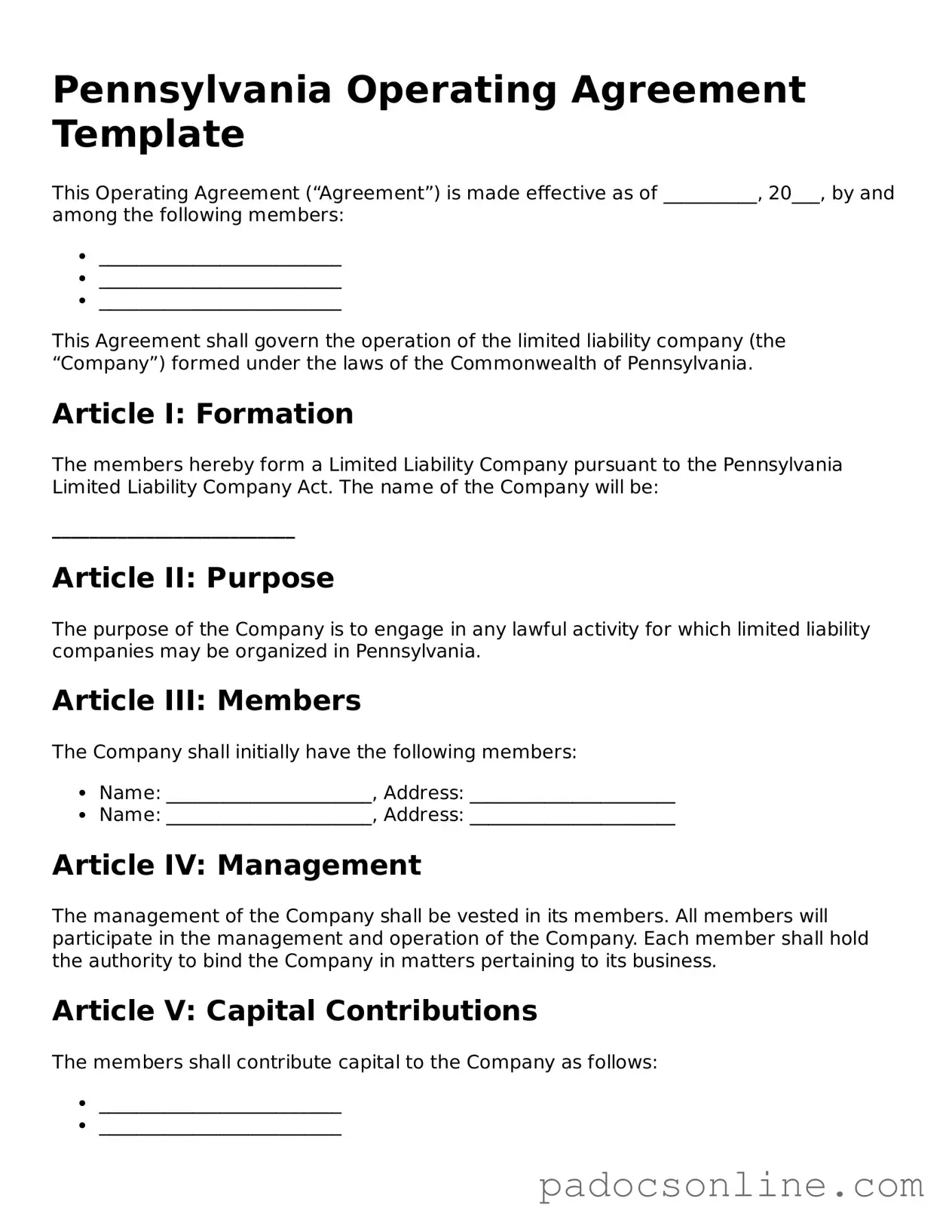 Legal Operating Agreement Document for the State of Pennsylvania