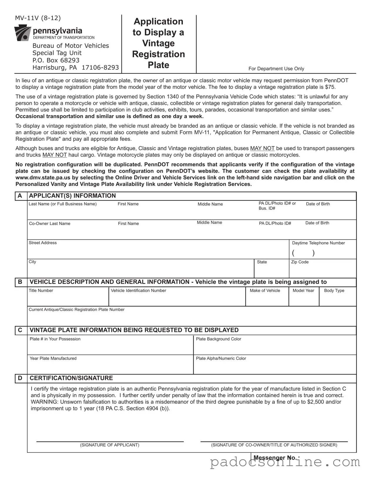 Blank Pennsylvania Mv 11V Template