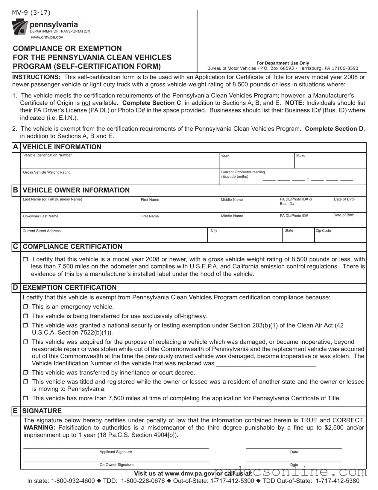 Blank Pennsylvania Mv 9 Template