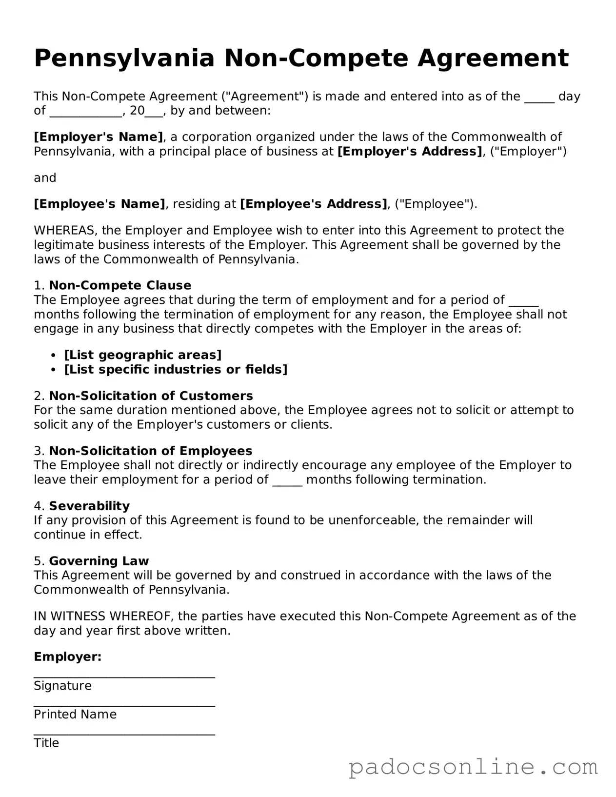 Legal Non-compete Agreement Document for the State of Pennsylvania