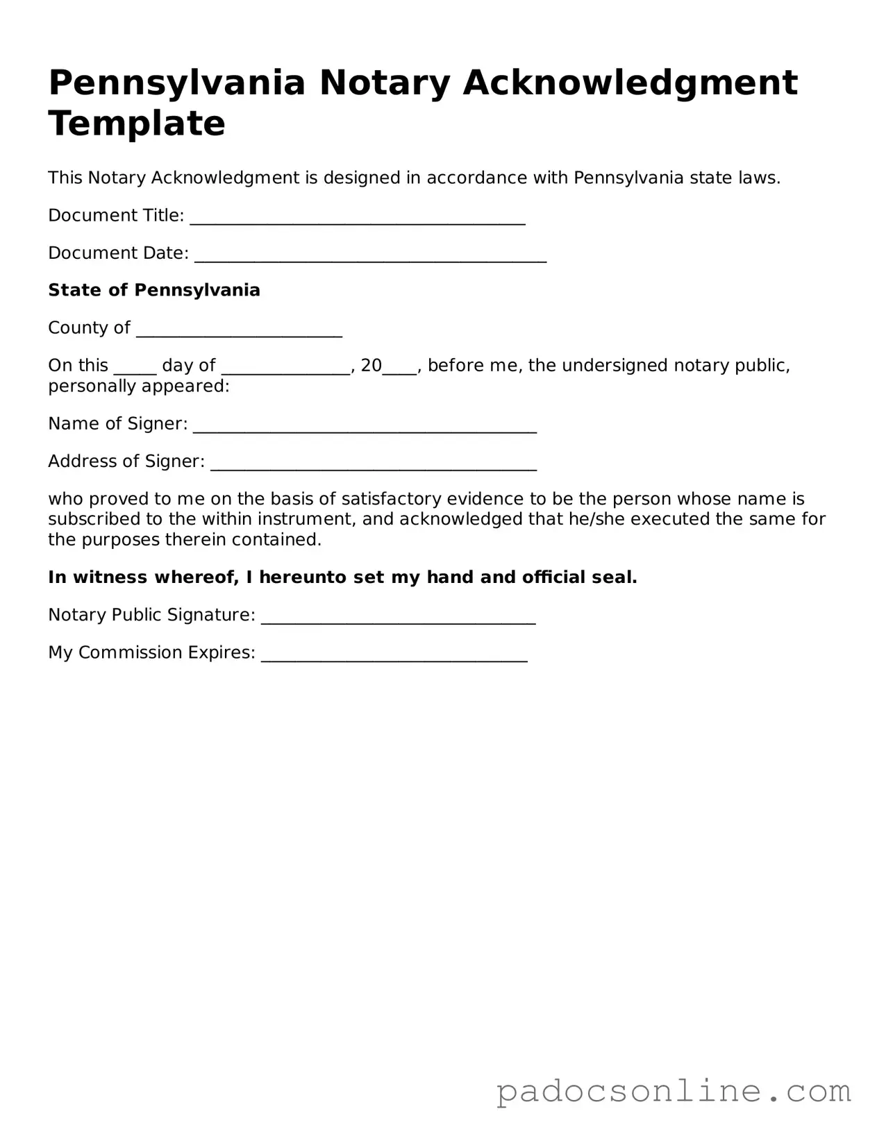 Legal Notary Acknowledgement Document for the State of Pennsylvania