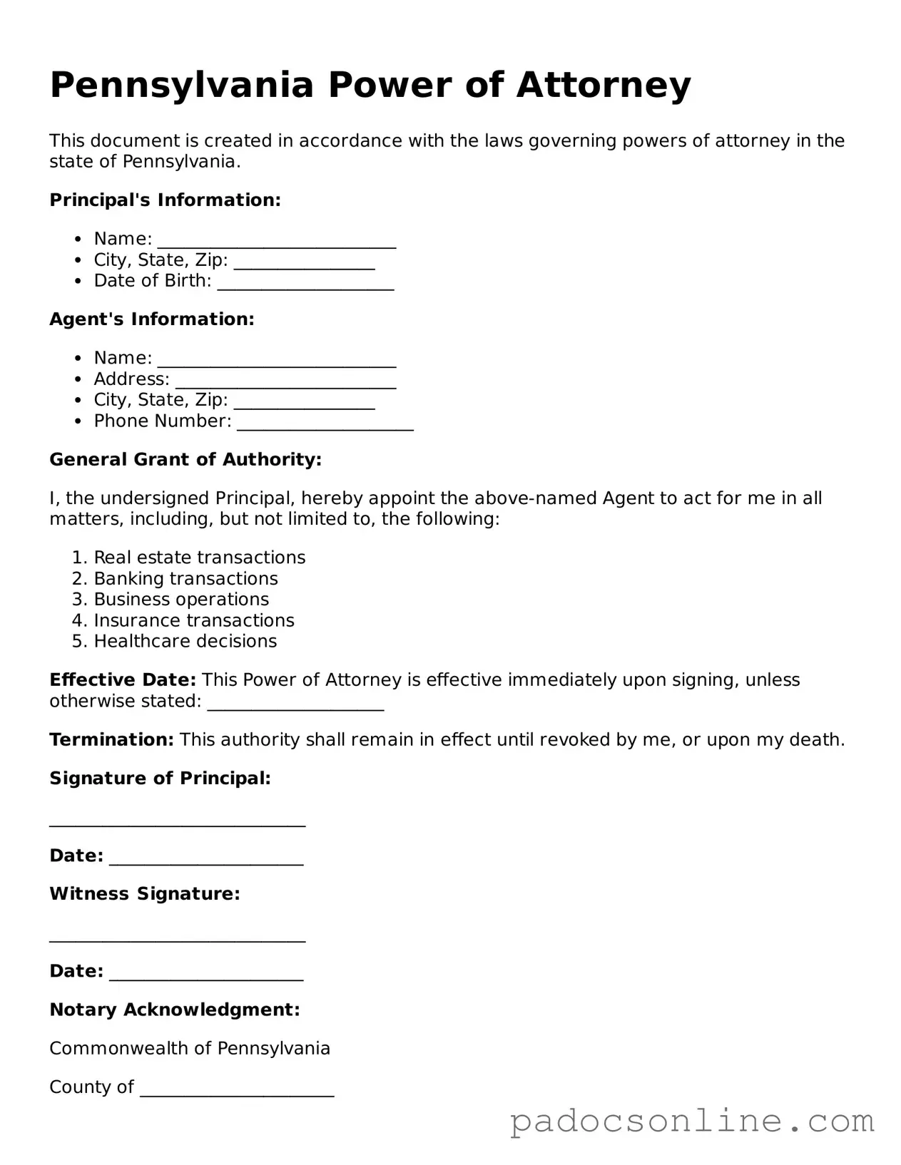 Legal Power of Attorney Document for the State of Pennsylvania