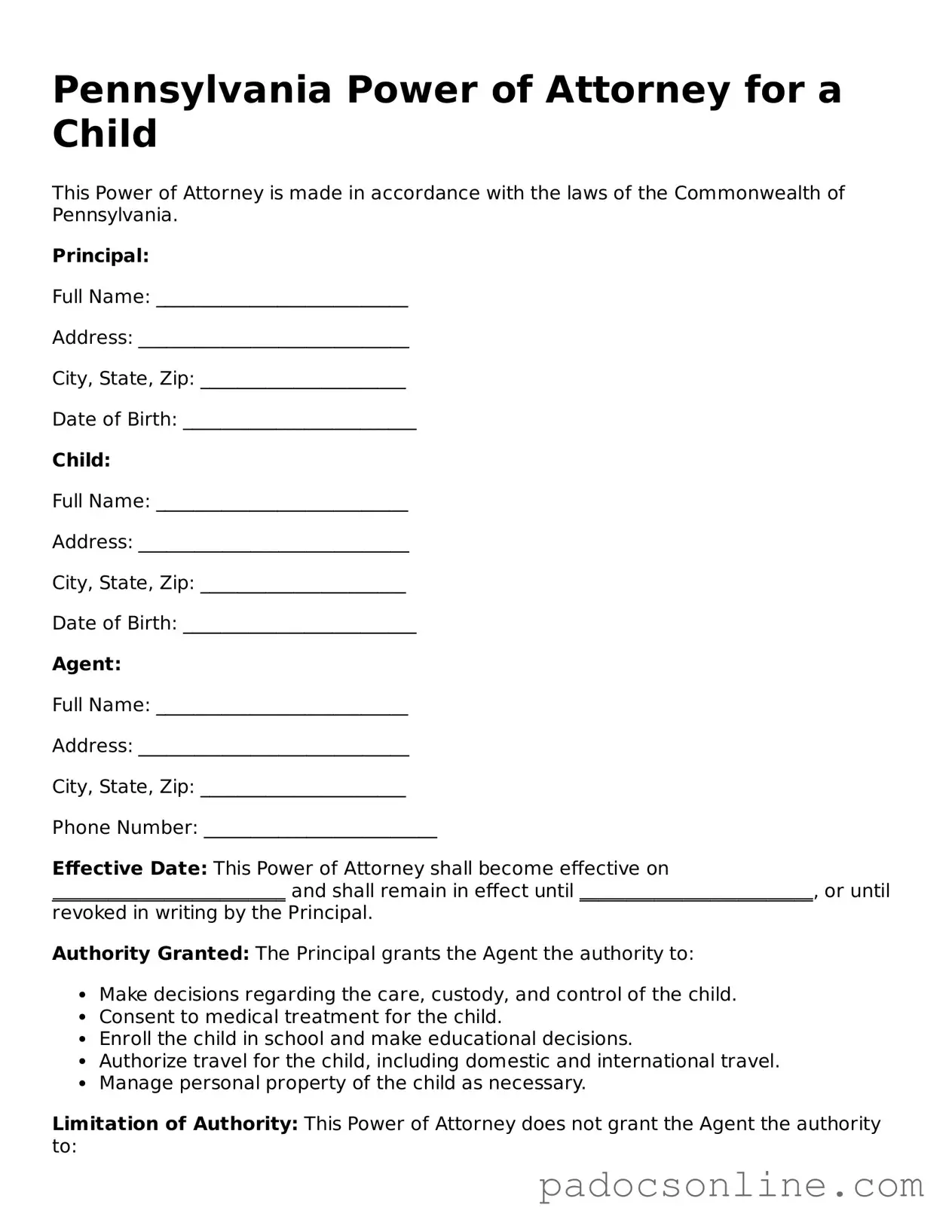 Legal Power of Attorney for a Child Document for the State of Pennsylvania