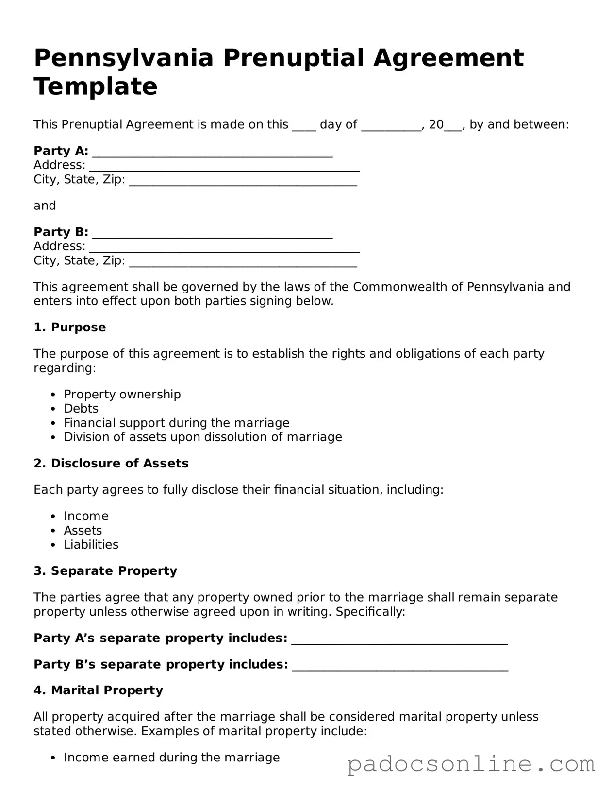 Legal Prenuptial Agreement Document for the State of Pennsylvania