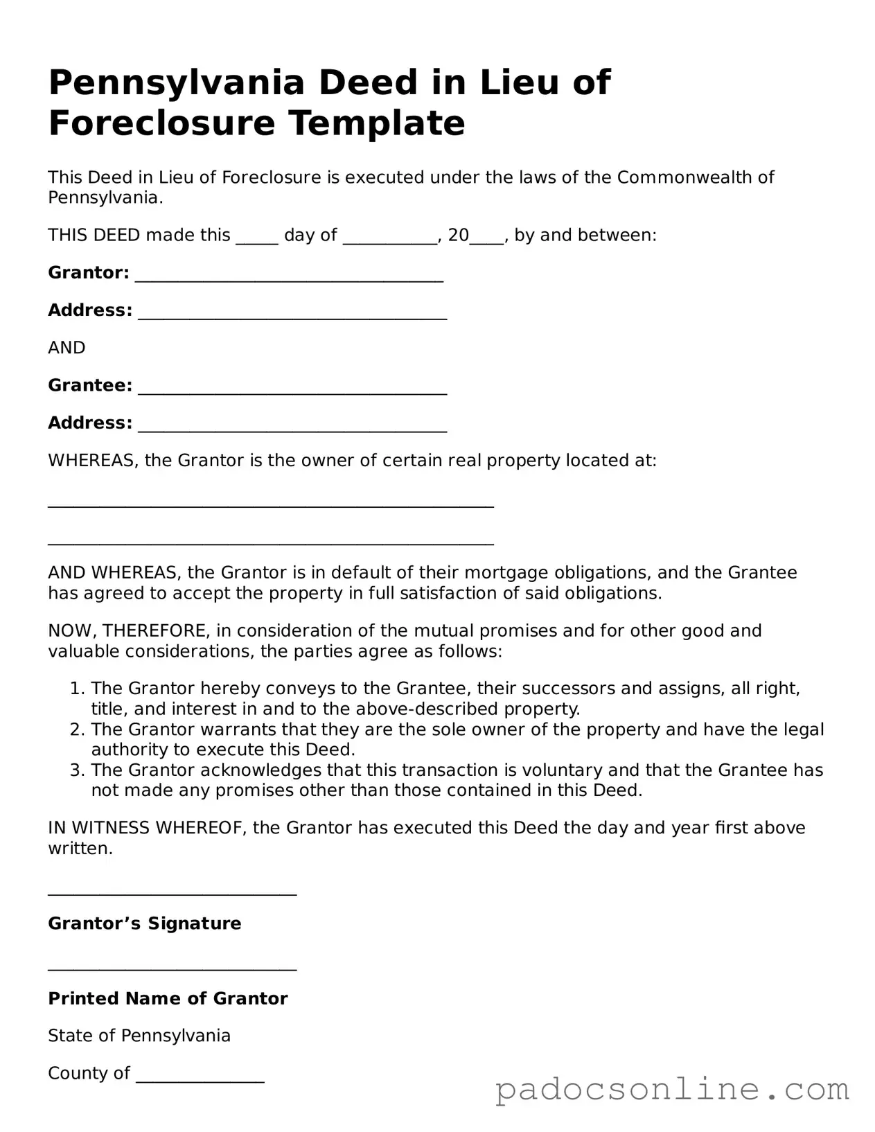 Legal Deed in Lieu of Foreclosure Document for the State of Pennsylvania