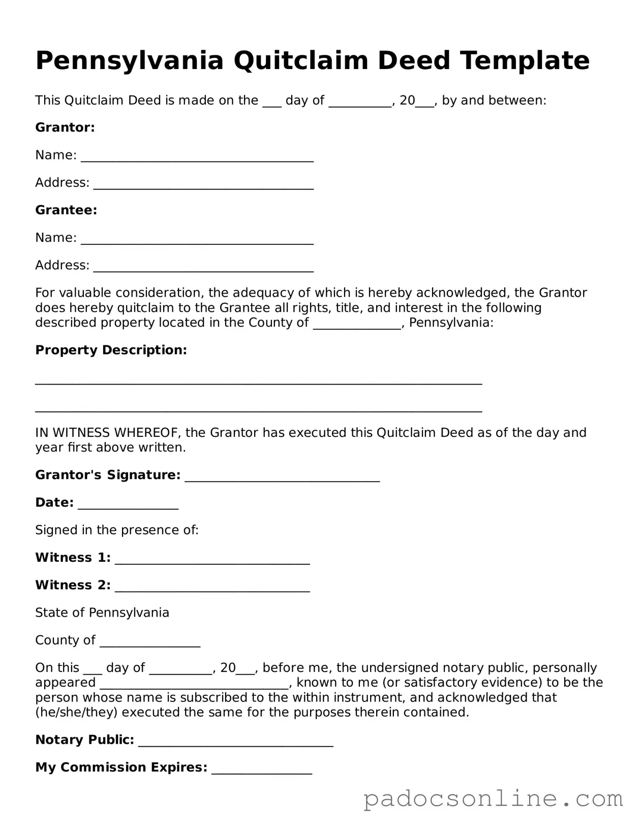 Legal Quitclaim Deed Document for the State of Pennsylvania