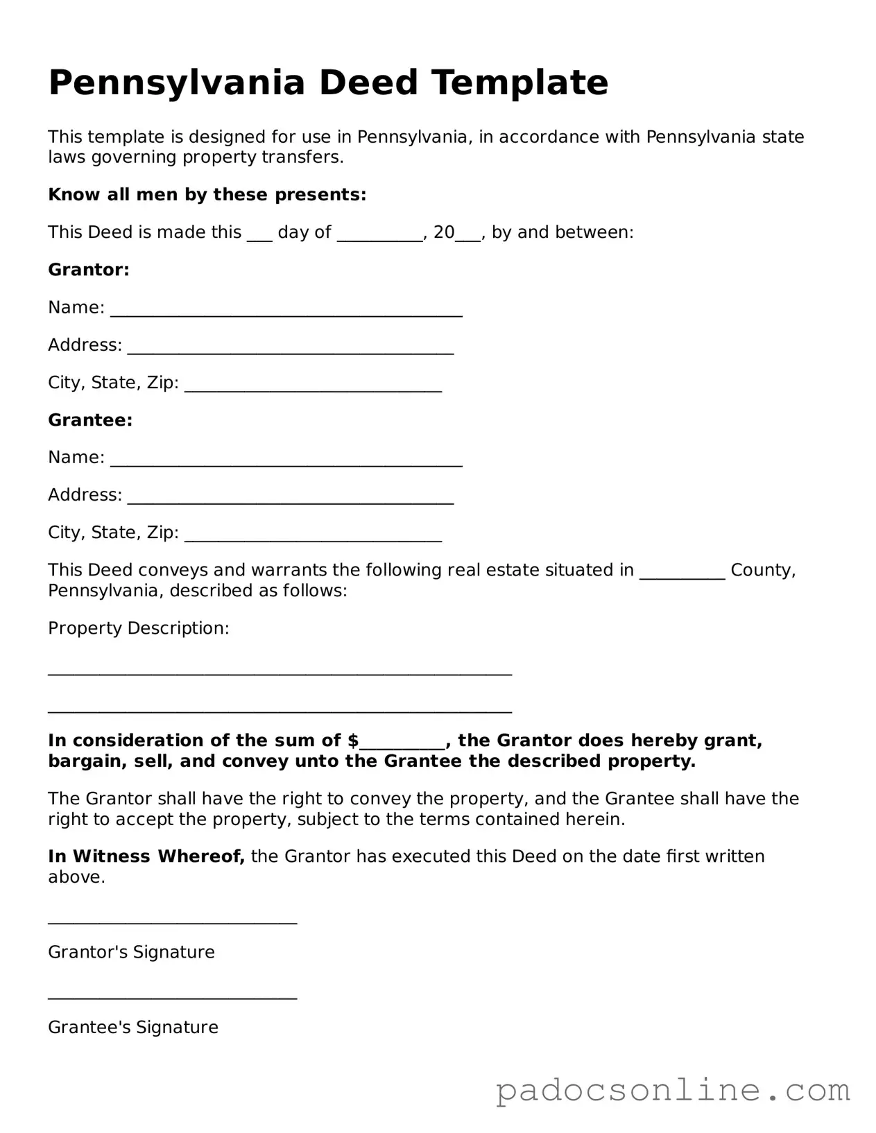 Legal Deed Document for the State of Pennsylvania