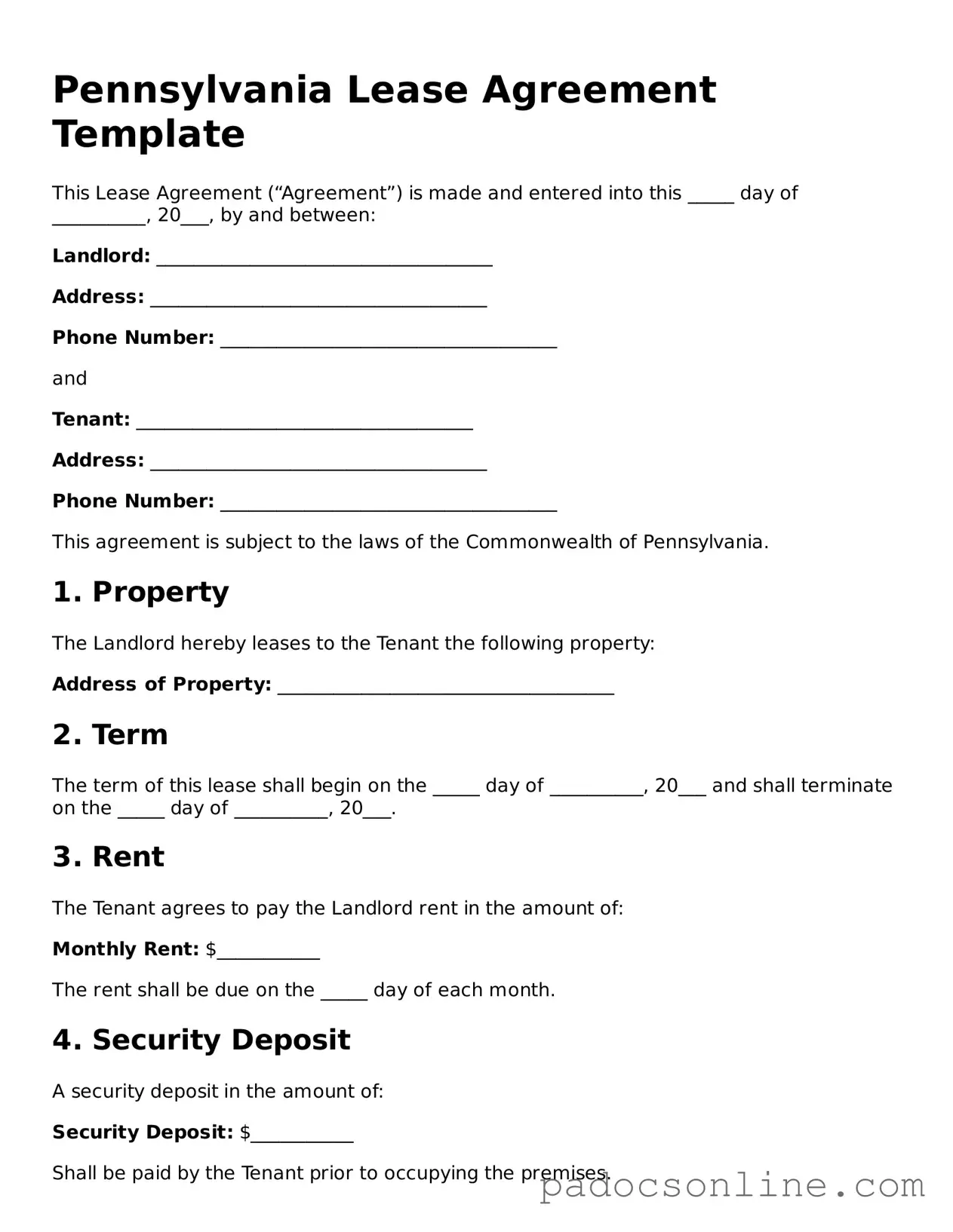 Legal Lease Agreement Document for the State of Pennsylvania
