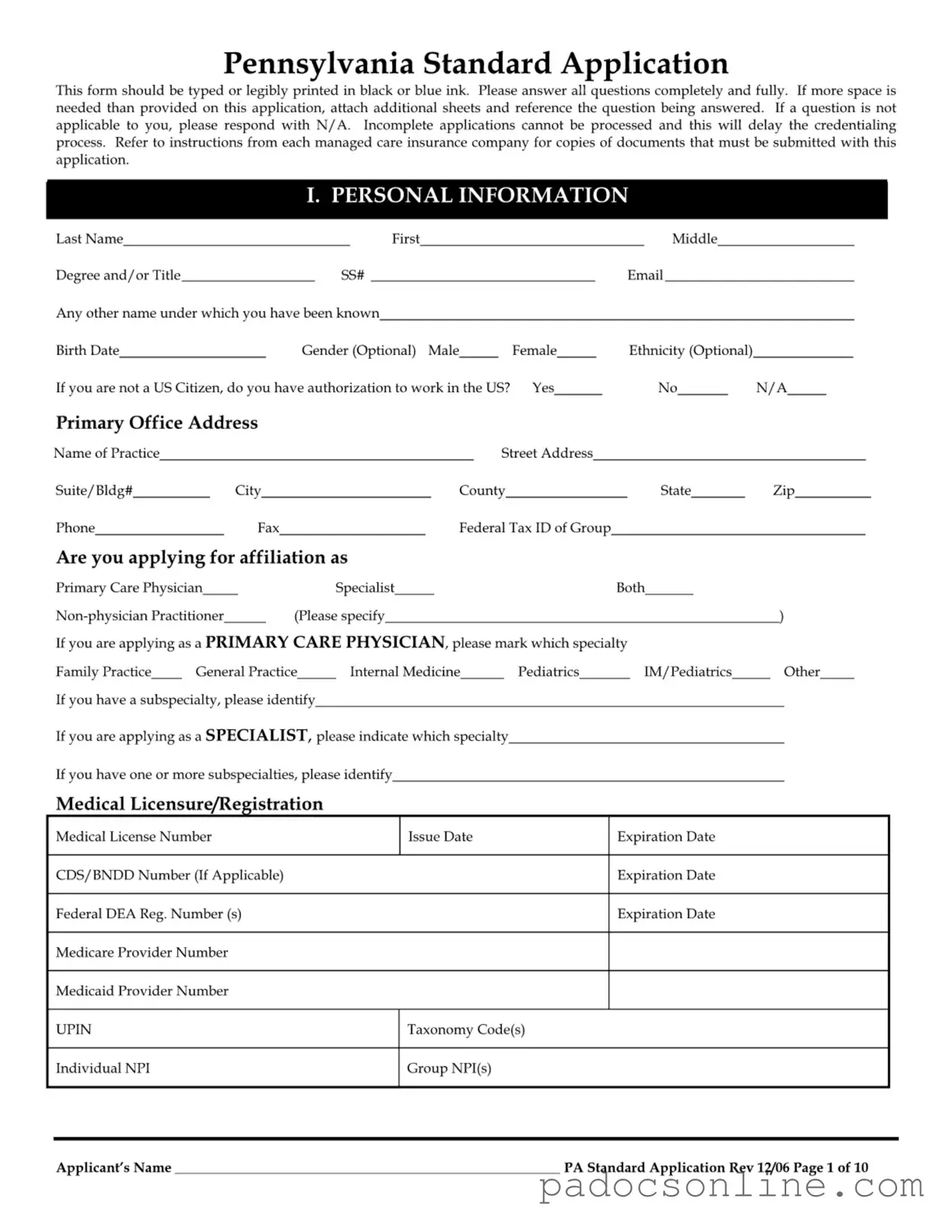 Blank Pennsylvania Standard Application Template