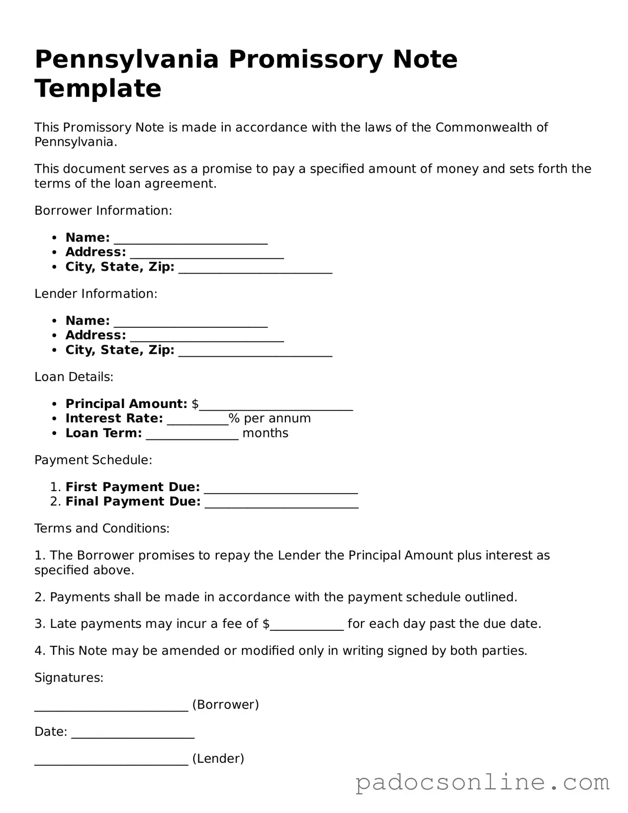 Legal Promissory Note Document for the State of Pennsylvania