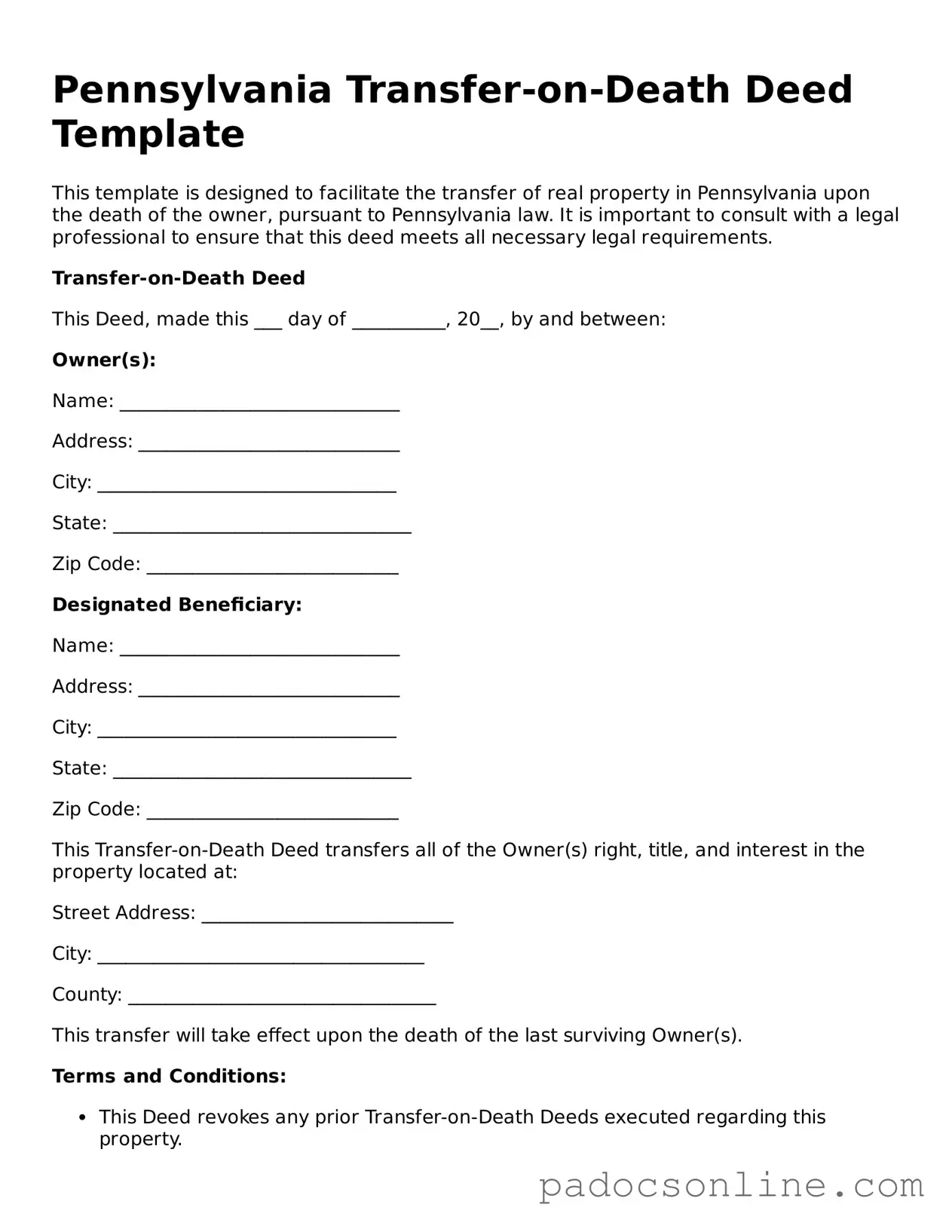Legal Transfer-on-Death Deed Document for the State of Pennsylvania