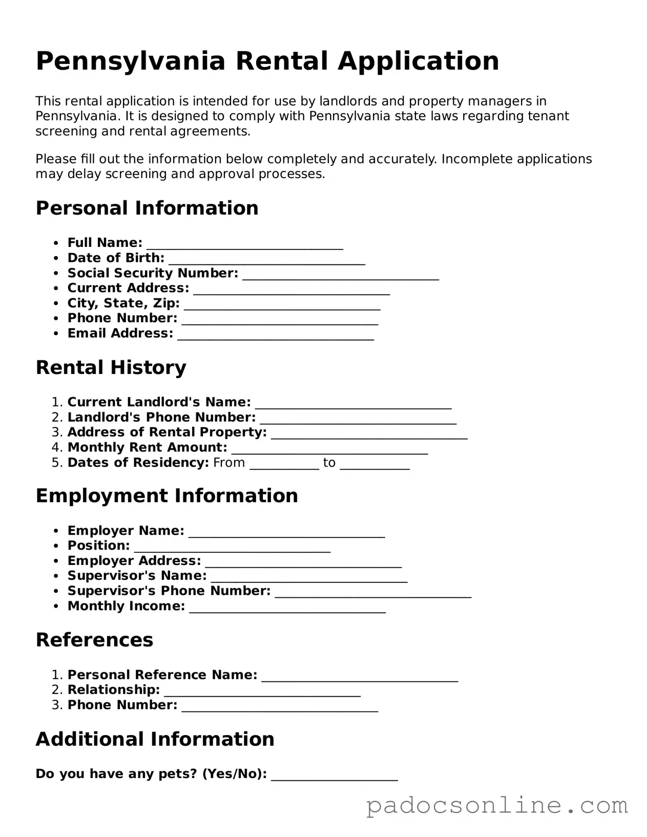 Legal Rental Application Document for the State of Pennsylvania