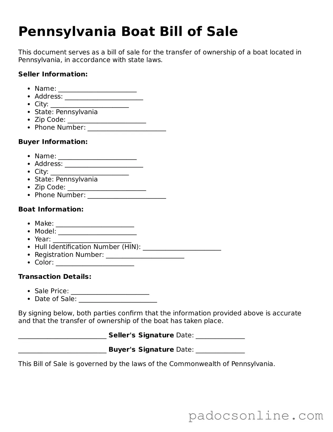 Legal Boat Bill of Sale Document for the State of Pennsylvania
