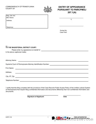 Blank Magisterial Appearance Pennsylvania Template