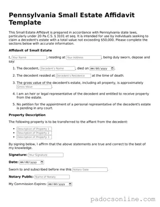 Legal Small Estate Affidavit Document for the State of Pennsylvania