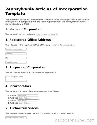 Legal Articles of Incorporation Document for the State of Pennsylvania