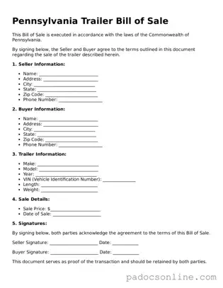Legal Trailer Bill of Sale Document for the State of Pennsylvania